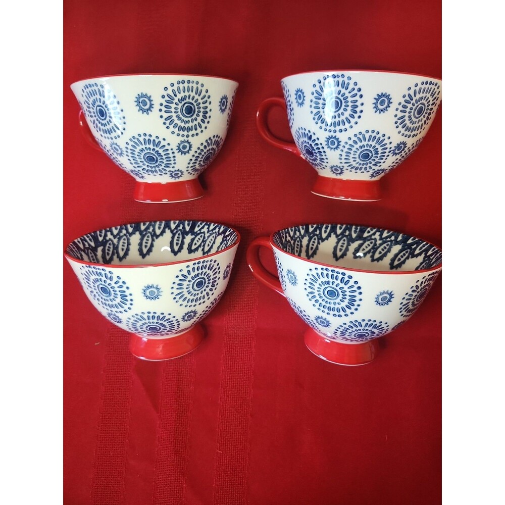 4 Vtg Turkish Style Oversized Footed Mugs Blue Medallion Boho Anthropologie